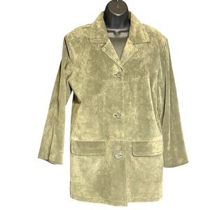 Vintage Leather Jacket Womens Size S Olive Green Longer Mid Length Suede Coat